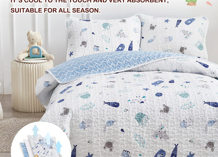 Joyreap 2-Piece Cotton Quilt Set Twin, Vibrant Ocean Theme Starfish Whale Crab Printed on White, Smooth Soft Quilt Bedspread Bed Cover for All Season, 1 Quilt and 1 Pillow Sham- 68x86 inches