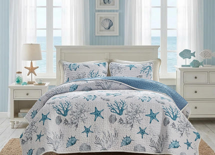 3 Piece Coastal Quilt Sets King Size - Reversible Microfiber Ocean Style Quilts with 2 Shams Soft Lightweight Beach Bedding Nautical Bedspread Coverlet Summer Comforter for All Season