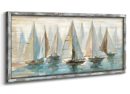 Ocean Pictures Wall Art Framed: Beach Seaside Artwork Coastal Sailboat Art on Wooden Seascape Painting for Living Room(60x30)