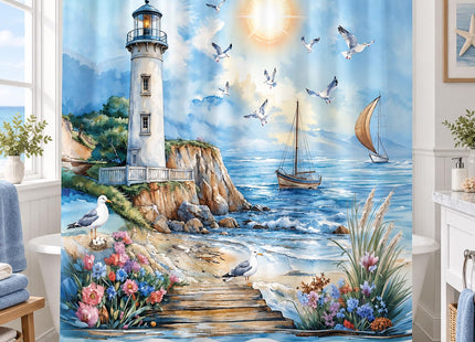 Nautical Coastal Lighthouse Shower Curtain, Boho Ocean Beach Lighthouse Seascape Beachy Abstract Shower Curtain Set, Seasides Sailboat Seagull Fabric Shower Curtain for Bathroom 12 Hooks, 72"×72" Blue