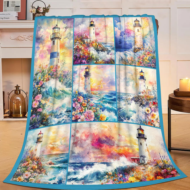 Lighthouse Blanket Nautical Throw Blanket Soft Cozy Warm Fuzzy Fleece Lightweight Plush Merch Watercolor Lighthouse Decor Gifts for Lover Man Woman Boy Girl Couch Bedding Sofa 50"X40"