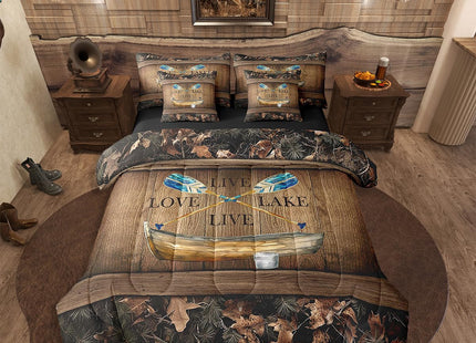 Erosebridal Lake House 7 Piece Comforter Set with Sheets Full Lake Paddle Boat Bedding Set Gifts for Men Women Kids,Rustic Cabin Camo Bed in A Bag Woodland Tree Branch Leaves Camouflage Bed Set