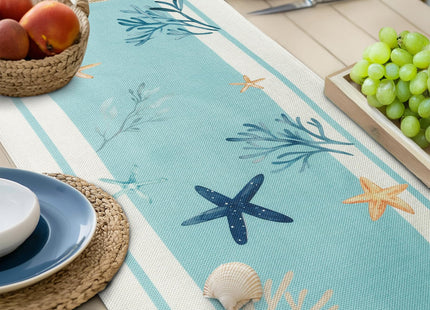 Bonhause Nautical Coastal Table Runner 13x72 Inch Teal Blue Beach Seashell Starfish Ocean Theme Coral Summer Kitchen Dinning Table Decoration for Indoor Outdoor Home Party Decor