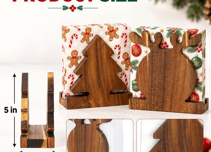 Threehoney 2 Pcs Acacia Wood Christmas Tree and Reindeer Napkin Holder