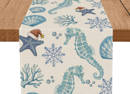 Christmas Table Runner Coastal Beachy Seahorse Starfish Table Runners Seasonal Kitchen Dining Table Decoration for Winter Home Party Banquet Decor 13x72 Inch