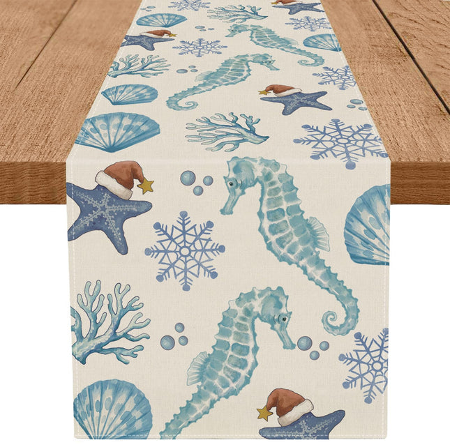 Christmas Table Runner Coastal Beachy Seahorse Starfish Table Runners Seasonal Kitchen Dining Table Decoration for Winter Home Party Banquet Decor 13x72 Inch