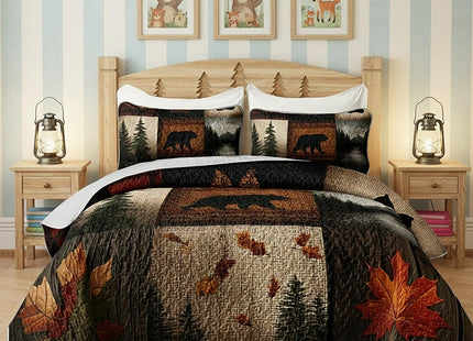 QOOMO Woodland Quilt Set Full/Queen Size,Bear Leaves Bedspread Coverlet Set
