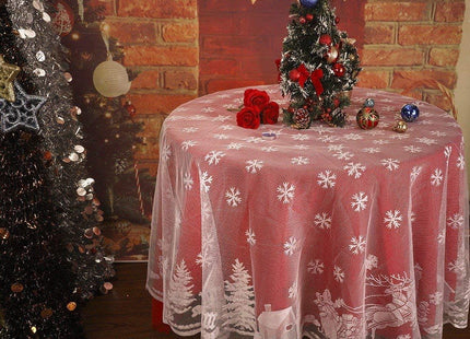 White Snowflakes Reindeer Xmas Embroidered Lace Round Tablecloth, 70 Inch