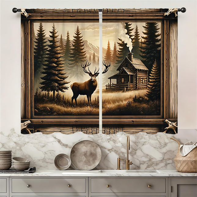Famiffty Forest Deer Cabin Kitchen Curtains 27.5W X 39L Inch 2 Panels Farmhouse Western Mountain Wild Animal Woodland Lodge Country Small Short Cafe Tier Curtains Vintage Window Drapes Bathroom Decor