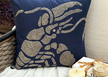 The HomeCentric Throw Pillow Covers, Navy Blue Pillow Case Cover 16x16 inch (40x40 cm) Linen Pillow Covers, Sea Creatures, Lobster, Beaded, Beach Accent Throw Easter - Lobster At The Shore