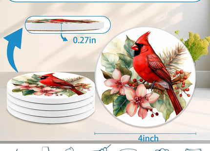 Cardinal Coasters Set of 4, Absorbent Ceramic Stone Coasters with Cork Base, Winter Christmas Home Decor, Ideal Gifts