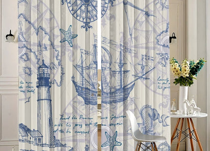 Nautical Sailboat Lighthouse Blackout Curtains - Rustic Hand Painted Compass Anchor Starfish Decorative Grommet Window Curtain Set Energy Saving Thermal Insulated Drapes,2 Panels 45L x 21W
