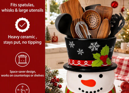 Taesun Snowman Ceramic Utensil Holder, Christmas Kitchen Decor, 3D Snowman Countertop Storage Crock, Xmas Decorative Container for Cooking Utensils, Holiday Tabletop Home Party Decoration