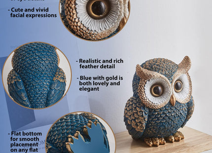 FJS Blue Gold Owl Figurine Modern Owl Statue Home Decor Accent