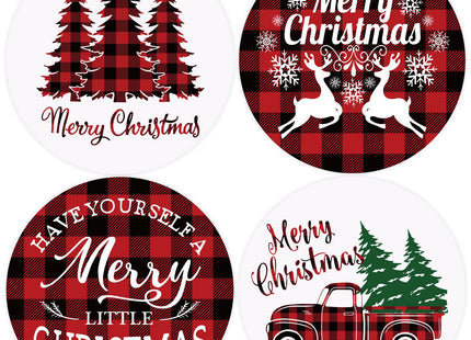 Whaline Merry Christmas Coasters Set of 4 Red Black Buffalo Plaids Drink Coaster Xmas Tree Truck Reindeer Absorbent Ceramic Coaster Holiday Cup Mat for Mugs Cups Home Kitchen Office Party Table Decor