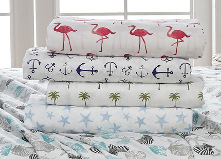 Great Bay Home Queen Coastal Microfiber Sheet Set - 4-Piece Nautical-Printed, Ultra-Soft Sheets - Beach-Themed Bedding Sheets & Pillowcases (Seashell)
