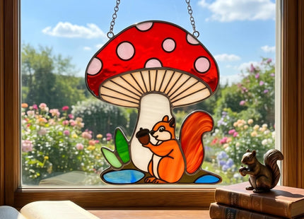 Squirrel Mushroom Stained Glass Suncatcher for Window Hanging Ornaments Animals Theme Glass Art Sun Catcher Home Decor Handmade Funny Mushroom Squirrel Gifts for Squirrel Lovers