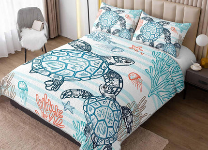 HOSIMA Sea Turtle Queen Quilt,Ocean Beachy Bedspread with 2 Pillowcases.