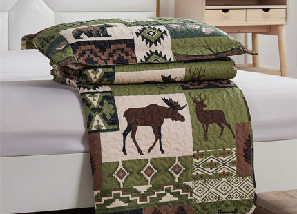 Ycosy Rustic Lodge Quilt Set Moose Elk Bedspread King Size Forest Bear Deer Quilt Matcha Green Reversible Festive Cabin Coverlets Farmhouse Decor Bed Cover Sets with 2 Pillow Shams