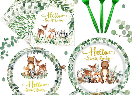 Woodland Baby Shower Party Supplies, Woodland Animal Baby Shower Decorations Include Plates, Napkins, Forks, for Animal Theme Woodland Creatures Party Decorations, Serve 24