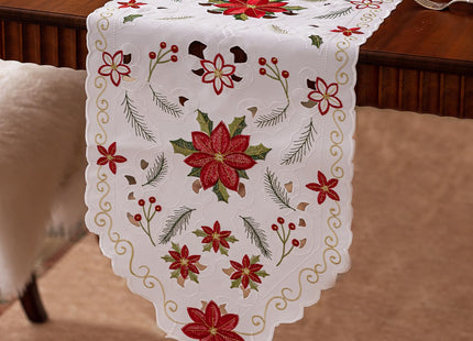 Joyfol Day Christmas Florals Table Runner 14 x 33 Inch, Embroidered Cutwork Poinsettia Holly Leaves Table Runners, Winter Holiday Flowers Tabletop for Xmas Party Decorations