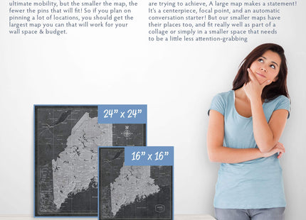 Push Pin Maine Map Board - With Push Pins to Mark Maine Travel - Handmade in Ohio, USA - Design: Modern Slate