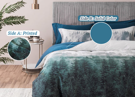 MILDLY 100% Long Staple Cotton Forest Duvet Cover Set Green Gradient Trees Mountains Pattern Comforter Cover Set
