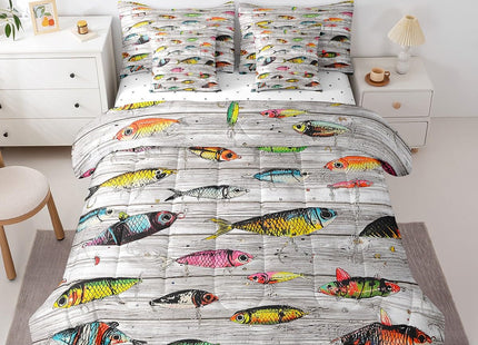 Feelyou Fishing Bait Comforter Set 7 Pieces Queen Size Fishing and Hunting Bedding Set for Kids Boys Girls Country Wood Bed in a Bag with Comforter + Sheets + Pillowcases + Cushion Covers