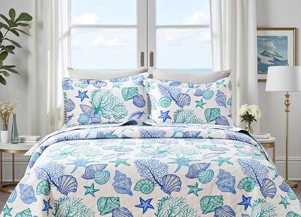Ycosy 3 Piece Coastal Beach Quilt Set Twin Size Ocean Theme Bedding Set Blue Green Lightweight Bedspread Coverlet Shell Coral Conch Starfish Bed Covers Bedroom Decor with 2 Pillow Shams