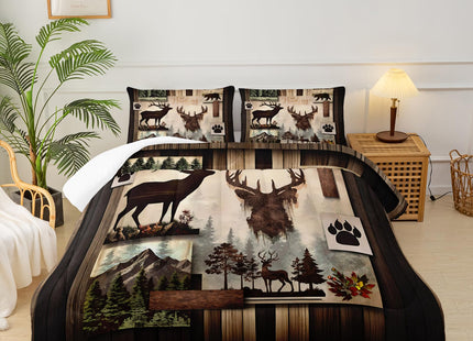 lneffble Deer Comforter Set Queen Size，Lodge Quilt Set Full/Queen Size, Rustic Cabin Bedding Set Black Deer，Deer Themed Bedroom Decor with 1 Comforter with 2 Pillow Case