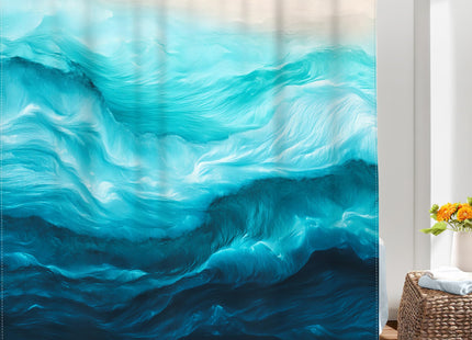 Teal Blue Ocean Shower Curtain Set Beach Sea Wave Nautical Bathroom Decor