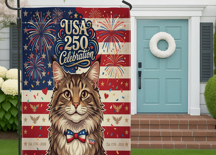 250 Years Maine Coons Cats Front Yard Backyard Burlap Garden Flags 12x18 Double Sided for Outside, 4th of July Patriotic Pattern Small Lawn Flags, American Home Outdoor House Flags