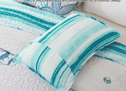 Djoymock Coastal Quilts Bedding Set Queen Size, Summer Green Fish Coral Nautical Bedding Quilt Set with Pillow Cases, Ocean Beach Reversible Bedspreads Coverlet Soft Microfiber Lightweight Comforter