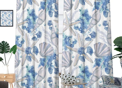 Llylumty Coastal Beach Curtains,Watercolor Ocean Seaweed Seashells Blue Shell Blackout Grommet Window Drapes for Bedroom Living Room 42x84in,2 Panel Set