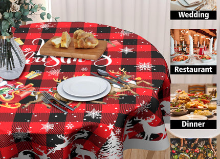 Granbey Christmas Reindeer Round Table Cloth - Red Xmas Buffalo Plaid Tablecloth 60 Inch Winter Snow Snowflakes Table Cover Decorative for Christmas Holiday Kitchen Party Home