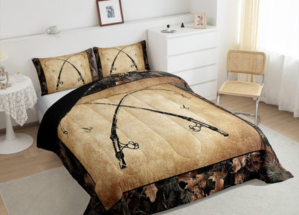 Erosebridal Rustic Fishing Toddler Comforter Set Gifts for Kids Boys Men Women,Retro Camo Fishing Rod Bedding Set Country Farmhouse Lake Cabin Quilt Bedding Sets Tree Branch Camouflage Bed Set 2 Pcs