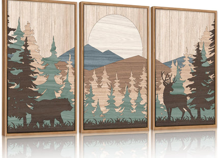 CHDITB 3Pcs Woodland Moose Bear Landscape Framed Canvas Wall Art 24x36 Inch