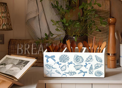 LIANGW Blue Preppy Beach Pen Pencil Holder for Desk, Beach Office Decor, Coquette Blue Bow Coastal Seashell Beachy Wooden Box Sign Decorations for Girly Room Bedroom Dorm Office Desk Tabletop