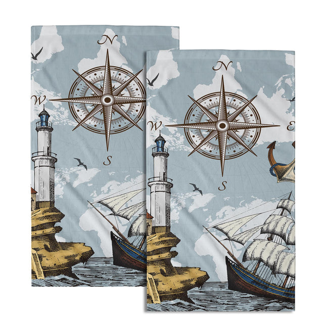 Giwawa Vintage Nautical Compass Hand Towel Blue Soft Sailing Ship Towel Set of 2, World Sea Map Boat Facecloth Ocean Anchor Lighthouse Home Decor, Bathroom Hotel Spa Gym Guest Washcloth Columbus Day