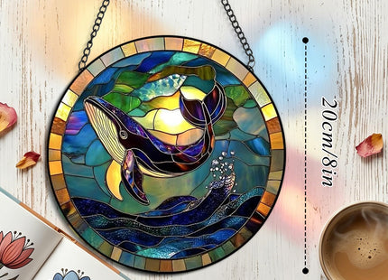 8 Inch Stained Glass Window Hanging Whale Sun Catcher with Display Stand – Mantel or Tabletop Decor for Living Room, Kids Room, Coastal Home, Ocean Marine Life Gift for Beach Lovers Nature Enthusiasts