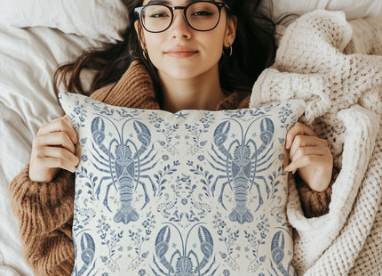 Poecinvi Blue Lobster Coastal Pillow Cover 18x18, Crawfish Decorations, Grandmillennial Coastal Nautical Summer Decorative Throw Pillow Cover for Home Bedroom Beach House