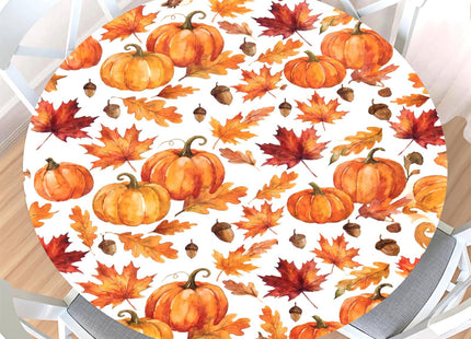 Fall Round Fitted Tablecloth with Elastic Edge,Waterproof Orange Autumn Pumpkin Maple Leaf Harvest Acorn Table Cover for 40-44" Stretch Thanksgiving Table Cloth for Dinner Indoor Outdoor Party Patio