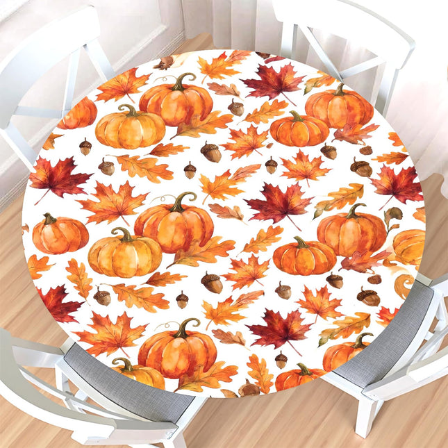 Fall Round Fitted Tablecloth with Elastic Edge,Waterproof Orange Autumn Pumpkin Maple Leaf Harvest Acorn Table Cover for 40-44" Stretch Thanksgiving Table Cloth for Dinner Indoor Outdoor Party Patio