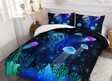 AILONEN Jellyfish Printed Twin Size Comforter Set for Boys Girls Kids,3 Pieces Ocean Animal Theme Bedding Set,Blue Ocean Starry Bed in a Bag Quilt with 2 Pillowcases