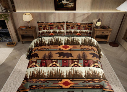 Feelyou Boho Comforter Set Toddler Size Bear Comforter for Boys Girls Teens Rustic Bedding Set Cabin Duvet Set Room Decor Olive Brown Quilt Set