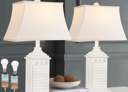 Hamucd Table Lamps for Living Room Set of 2, Coastal White Bedside Lamps for Bedroom with USB A+C Outlet Modern Resin 3-Color Temperature Nightstand Lamp for End Table (Bulbs Included)