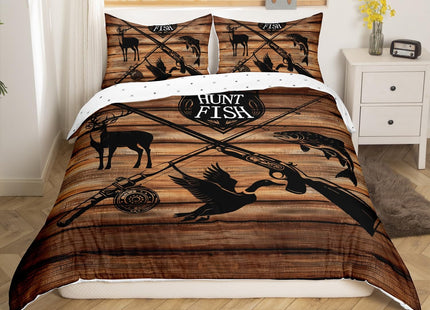 Castle Fairy Rustic Farmhouse Duvet Cover Queen Size,Animal Hunting Brown Wooden Barn Board Bedding Set for Men Adult, Deer Mallard Fish Lodge Decor Comforter Cover with 2 Pillowcases (No Comforter)