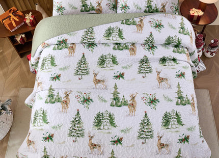 Christmas Quilt Set Queen Size Green Xmas Reindeer Pine Tree Bedding Set