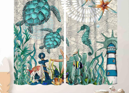 TKUYO Sea Turtle Curtains, Coastal Nautical Beach Seaweed Seahorse Starfish Rod Pocket Window Treatments for Bedroom Living Room Bathroom Undersea Animal Blue Ocean Blackout Drapes, 42"x45" Inch