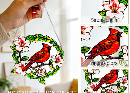Cardinal Stained Glass Suncatchers Window Hanging, Cardinal Suncatchers for Windows Hanging, Suncatcher for Wife/Mom/Women (Bird & Flower)